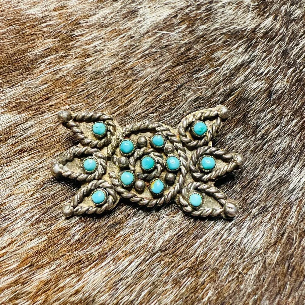 Vintage Zuni Sterling Silver Cluster Brooch with Turquoise